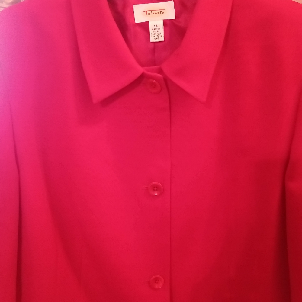 Talbots Jacket Deep Red Waterproof 100% Organic Marino Wool. Size 14